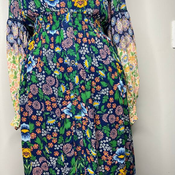 Anthropologie Maeve Ondine Floral Maxi Dress XS Sheer Sleeve Boho Peasant Navy - Picture 4 of 13